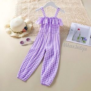 Purple & White Plaid Flowy Ruffle Sleeveless Pants Jumpsuit
